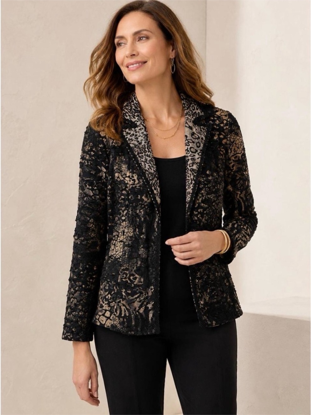 NWOT Chico's Mixed-Animal Print Open-Front Blazer Jacket - Black, Gold & Tan